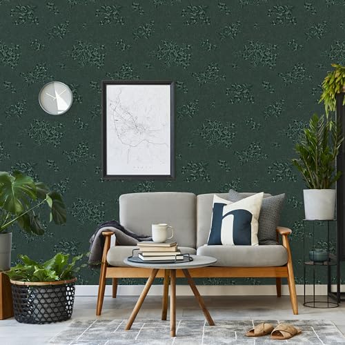 Green Peel and Stick Wallpaper, Gothic Floral Textured Dark Wall Paper Contact Paper 118"X17.7", Renter Friendly Modern Kitchen Drawers Walls Cabinets Self Adhesive Damask Cabinet Vinyl Roll