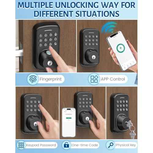 Keyless Entry Door Lock with Handle Set, Smart Door Lock with Fingerprint, 5 in 1 Unlock, Auto Lock Biometric Fingerprint Door Lock for Front Door, Easy Installation (Black)