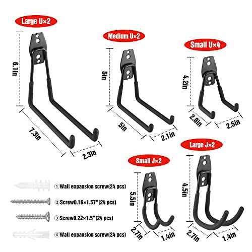 WORKPRO 12-Piece Garage Hook Set, Heavy Duty Steel Garage Hangers, Utility Wall Mount Hooks, Tool Hangers for Bikes, Garden Tools, Ladders and Bulky Items
