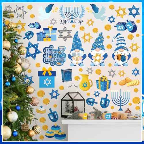 ReliThick 78 Pcs Hanukkah Wall Decals Hanukkah Decor Blue White Gold Menorah Star Gnome Stickers Chanukah Party Decor Jewish Decoration for Living Room Bedroom Nursery Wall Decoration