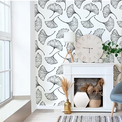 CiCiwind Black and White Peel and Stick Wallpaper Removable Self-Adhesive Wall Paper for Bedroom Bathroom Ginkgo Leaves Contact Paper Modern for Living Room 17.3In¡¿118In