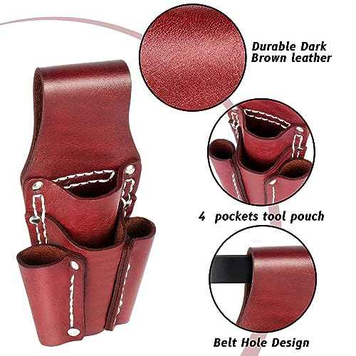 Leather Tool Pouch, Leather Electrician Tool Pouch with 4 Pockets, Heavy Duty and Durable, for Any Electrician/Welders, Carpenters, Car Repairers, Brown