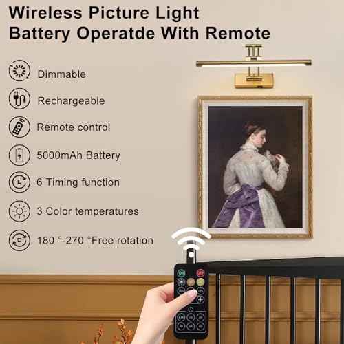 Battery Picture Lights for Wall, Rechargeable Gallery Light Wireless Art Display Lights with Dual-Rods Swing Arm Brass Painting Light with Remote & Timer 3CCT Dimmable Wall Sconces for Portrait 16¡±