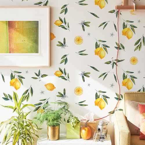 Lemon Fruit Wall Decals Peel and Stick Green Leaves Lemon Flower Kitchen Food Wall Stickers Removable Small Fruit Leaf Wall Decor for Nursery Kids Room Decor ZSZ1186-C