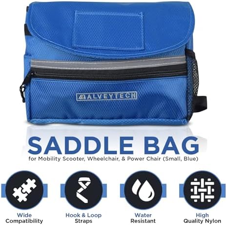 AlveyTech Saddle Bag for Mobility Scooter, Wheelchair, & Electric Power Chair (Small, Blue) - Accessories Holder Armrest Side Pouch Storage Organizer Bags for Adults, Water-Resistant, Easy Install