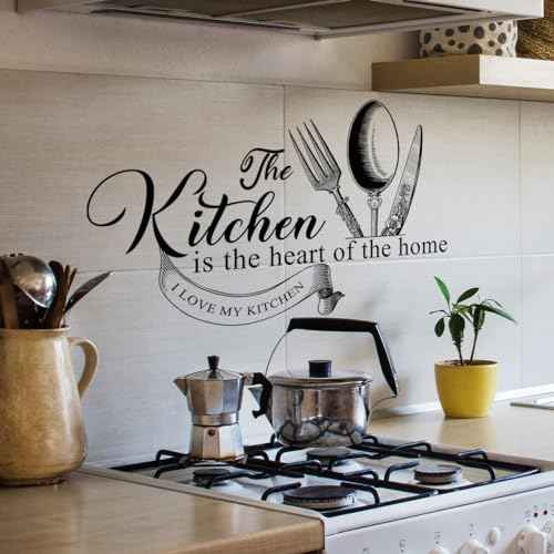 Runtoo Kitchen is The Heart of The Home Wall Sticker Fork and Knife Black Lettering Quotes Saying Wall Decals Kitchen Dining Room Restaurant Wall Decor
