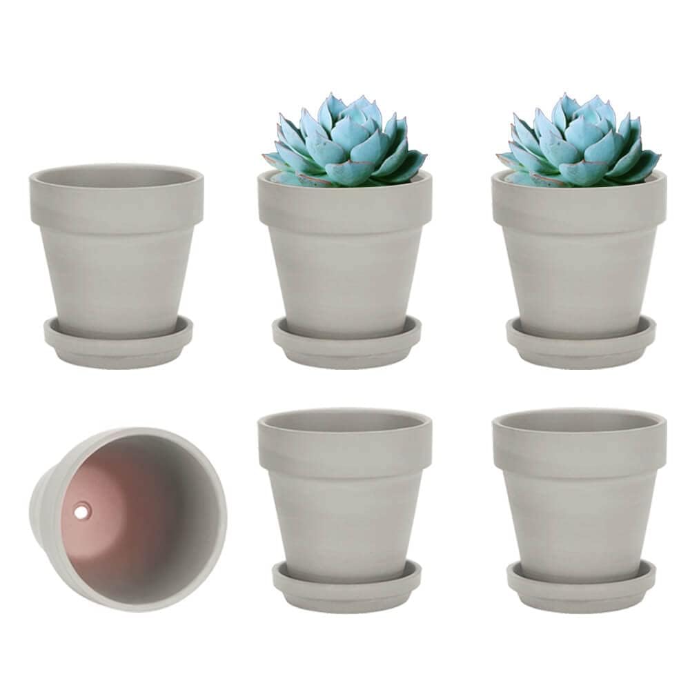 vensovo 4 Inch Small Grey Terracotta Plant Pots with Saucer - 6 Pack Clay Flowerpots with Drainage, Great for Indoor Outdoor Plants, Crafts, Wedding Favor