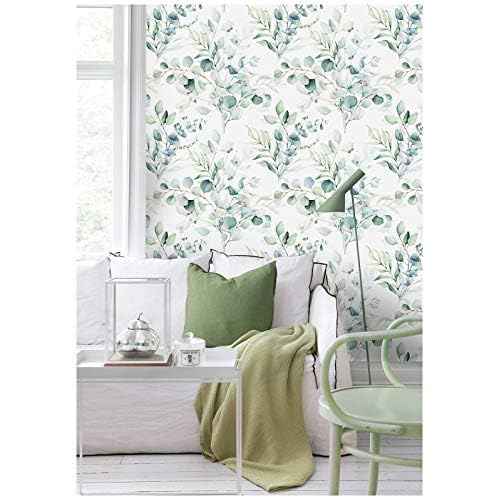 HAOKHOME Peel and Stick Wallpaper Boho Green/White Eucalyptus Leaf Floral Wall Mural Home Nursery Decor Renter Friendly Wallpaper 17.3in x 78.7in