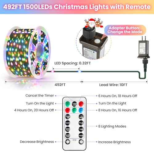 492FT 1500 LEDs String Lights with Remote, Dimmable 8 Modes Timer & Memory Function Fairy Rope Lights for Christmas Holiday Party-Multicolor