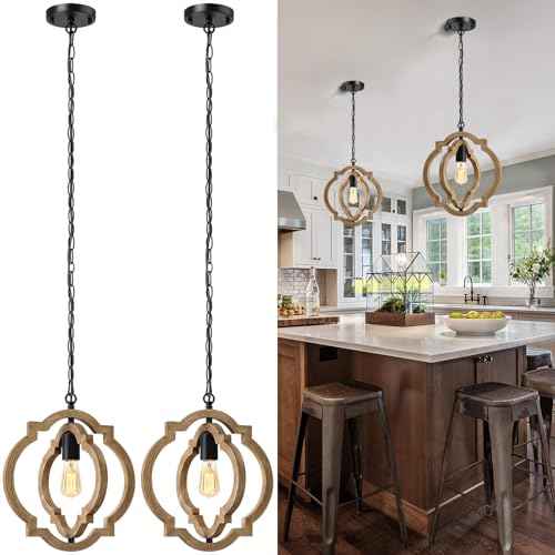 2-Pack Farmhouse Pendant Light Fixtures, Wood Grain Hanging Lights for Kitchen Island, Adjustable Height, E26 Base, Sloped Ceiling Compatible, Rustic Ceiling Light