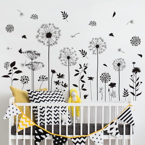 Black Flower Wall Decals Peel and Stick Simple Boho Flower Wall Sticker Wildflower Plants Dandelion Wall Decor Removable Vinyl Wall Mural for Girl Room Bedroom Living Room Home FX-C413