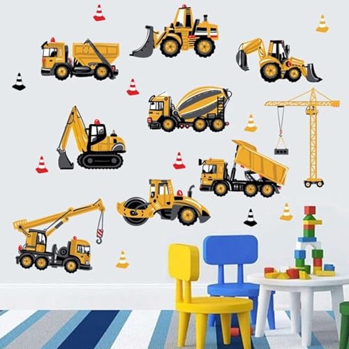 Construction Wall Stickers, Truck Digger Excavator Cartoon Engineering Car Decorative Wall Decals, Vinyl Peel Stick Decor Wall Decors for Kids Baby Bedroom Boys Room Nursery Playroom