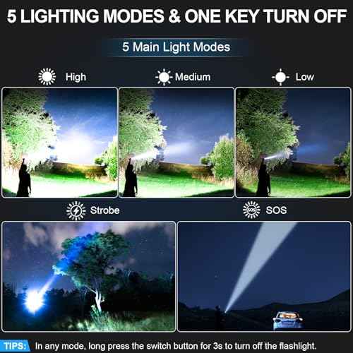 Banral Rechargeable Tactical Flashlights High Lumens - 5000mAh Super Bright LED Powerful Flash Light, Waterproof Handheld USB C Flashlight for Home,Car,Camping,Emergencies,5 Modes,Zoomable (2, Black)