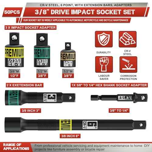 3/8" Drive Impact Socket Set, 50-Piece Standard SAE 5/16 to 3/4 inch and Metric 8-22mm, Cr-V Steel, 6 Point, with Extension Bars and Adapters,for Impact Wrenches, Automotive and Home