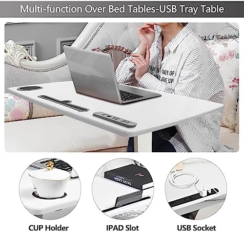 Overbed Table,Hospital Bed Table,Pneumatic Bed Tables Adjustable Over The Bed with Hidden Wheels&USB Port,Mobile Laptop Table Cart and Rolling Bedside Table with Tray Hospital Home Use-White1