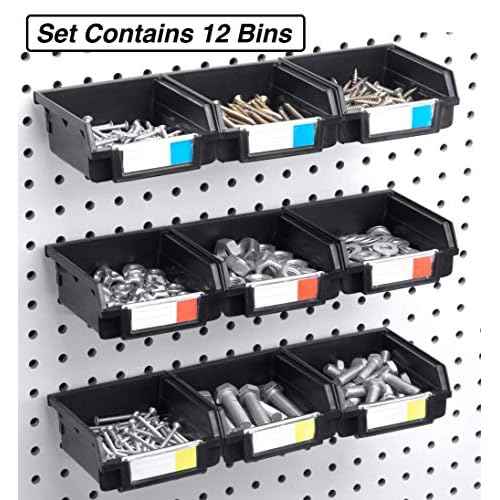Pegboard Bins - 12 Pack Black - Hooks to Any Peg Board - Organize Hardware, Accessories, Attachments, Workbench, Garage Storage, Craft Room, Tool Shed, Hobby Supplies, Small Parts