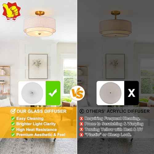 3-Light Semi Flush Mount Ceiling Light Fixture, 16" Gold Drum Light Fixture, Modern Close to Ceiling Light with 2-Laye Fabric Shade Lamps for Bedroom Living Dining Room Hallway Entryway Foyer