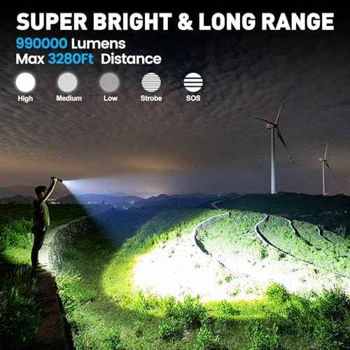 Flashlights High Lumens, 99,000 Lumens LED Flashlight Rechargeable, 5 Modes, Adjustable Beam & 12H Running Time, Powerful and Bright Flash Light for Home/Camping, IPX6 Waterproof