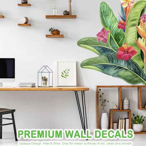 Giant Tropical Palm Leaf Wall Decals Peel and Stick - Large Tropical Green Leaves Flowers Wall Stickers Removable - Vinyl Jungle Wall Decal Decor for Living Room Bedroom Bathroom