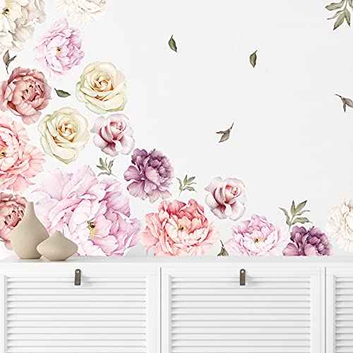 Large Floral Wall Decals, 15 Peonies Flower Set Stickers for Bedroom, Living Room, Nursery, Elegant Floral Decals for Home Decor, Boho Botanical Style