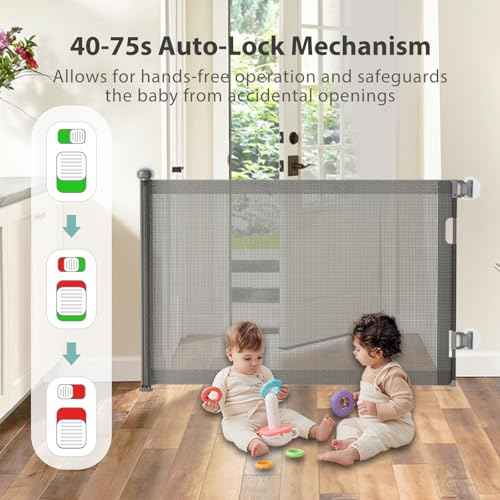 No-Drill Retractable Baby Gates for Stairs with Auto-Lock,33" Tall,Extends up to 55" Wide Mesh Baby Dog Pet Cat Gate with Double Lock for Doorways,Child Gate for Hallways Kitchen Indoor Outdoor Grey