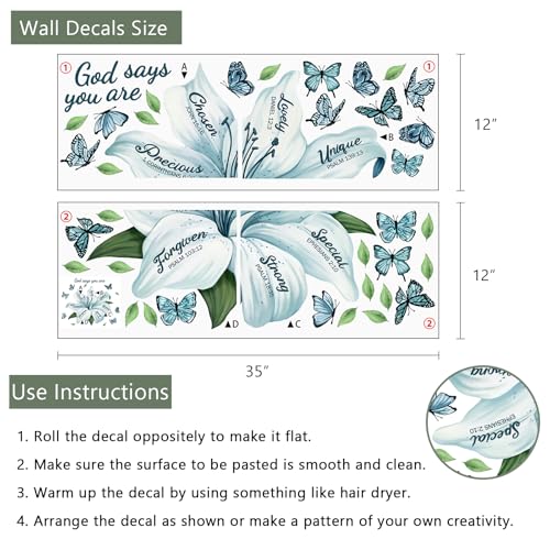 Yovkky Lily Flower Religious Inspirational Quote Wall Decals Stickers, Motivational God Says You are Teal Floral Butterfly Home Bedroom Decor, Positive Living Room Kitchen Decorations Art