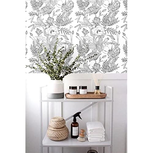 Blooming Wall Black White Elegant Modern Lotus Lily Leaf Peel and Stick Wallpaper Self-Adhesive Prepasted Wallpaper Wall Mural Wall Decor (17.7¡°x118¡±, Black/White)