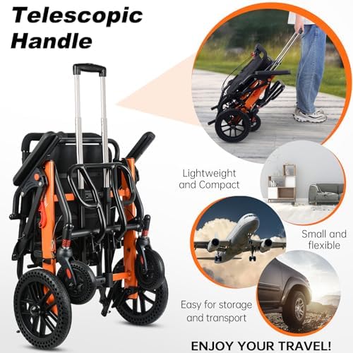Upgraded Transport Wheelchair, Come with Telescopic Handle, Inflatable Seat Cushions, Wheelchairs for Adults, Lightweight Transport Wheelchairs, Travel Wheelchair Lightweight Foldable with 3 Bags