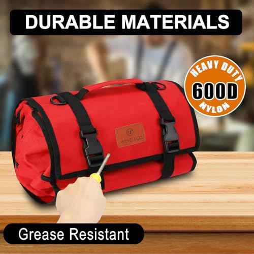 Canvas Tool Roll Up Bag, Multi-Purpose Wrench Organizer, Hvac Tool Bag with 4 Pockets (Red)