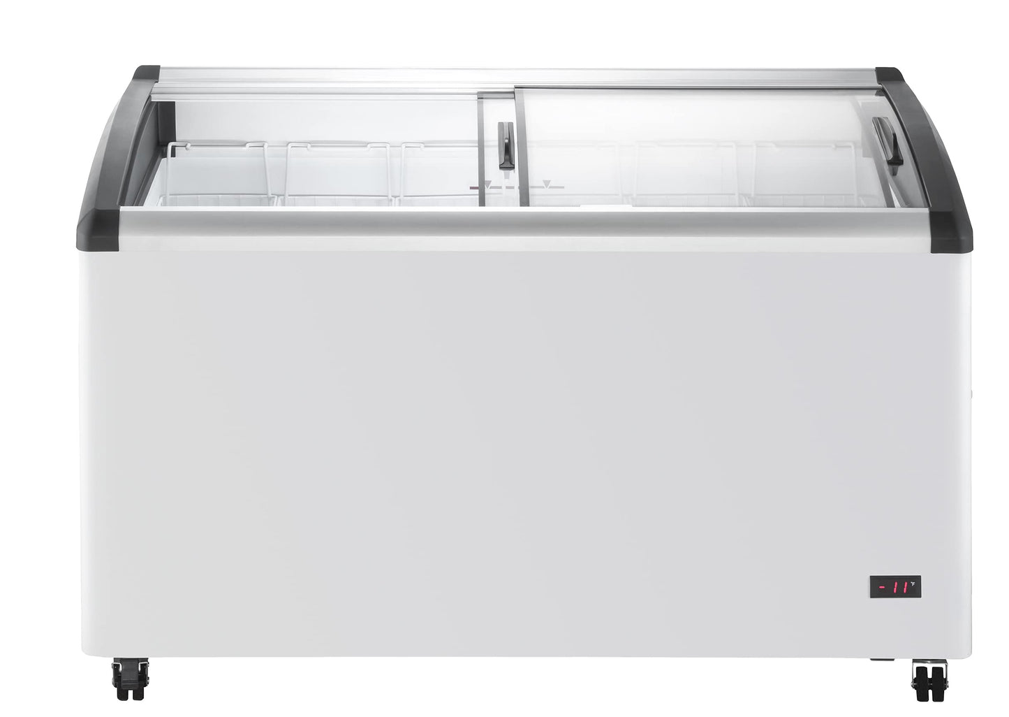 Duura Commercial Mobile Ice Cream Display Chest Freezer Sub Zero Temp Curved Glass Top Frost Free Lid with 6 Wire Baskets, 53.2 Inch Wide 15.2 Cubic Feet, White