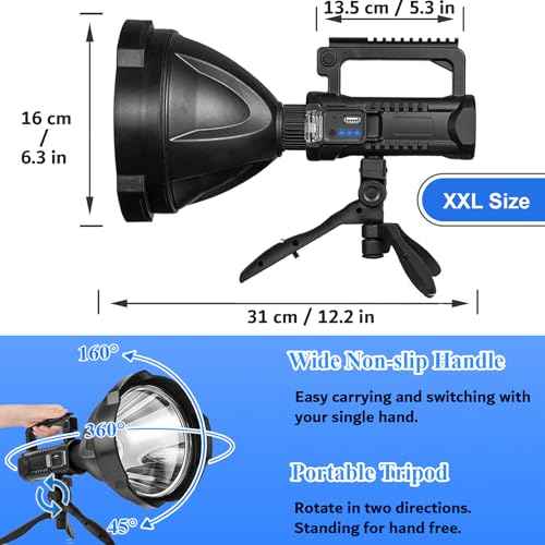 Rechargeable Spotlight Flashlight High Lumens 3,000,000L, Super Bright Led Spot Light Outdoor with Adjustable Tripod, 4 Modes High Powered Handheld with USB C, Waterproof for Boat, Emergency