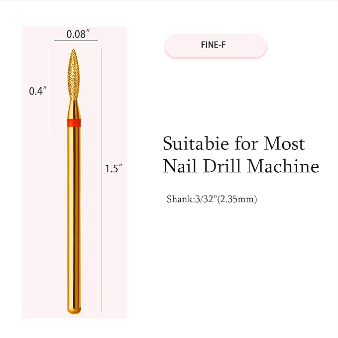 10pcs Diamond Flame Titanium Cuticle Drill Bits Set, Professional Cuticle Nail Drill Bits for Dead Skin 3/32'' Nails Dry Manicure Pedicure Shape Remove Nail Salon Tools(Gold, Fine-F)