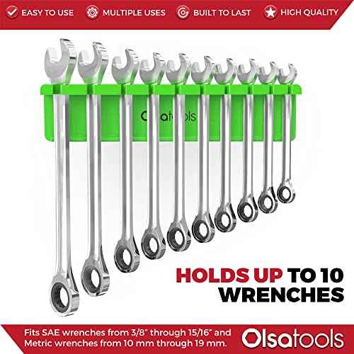 Olsa Tools Magnetic Wrench Holder Organizer - Green - Fits SAE 3/8" to 15/16" & Metric 10mm to 19mm - Durable Tool Storage Solution - Part 1141
