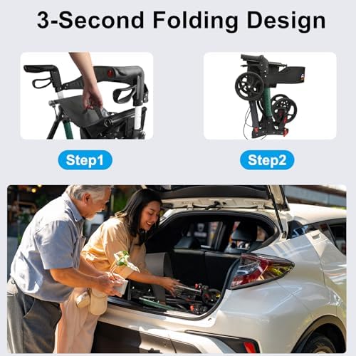Rollator Walkers for Seniors with Seat, No Assembly Foldable 8" Non-Slip Big Wheels All Terrain Lightweight Durable Aluminum Rolling Walker with Comfortable Backrest