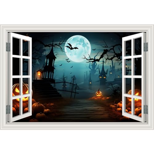 Fake Window Wall Decals Halloween Pumpkin Castle Bat Night View Terror Mural Faux Window Sticker Poster Open Wall Art Picture£¬ for Room Office Decor Stick and Peel Natural Scenery Scene 16¡°x24¡±