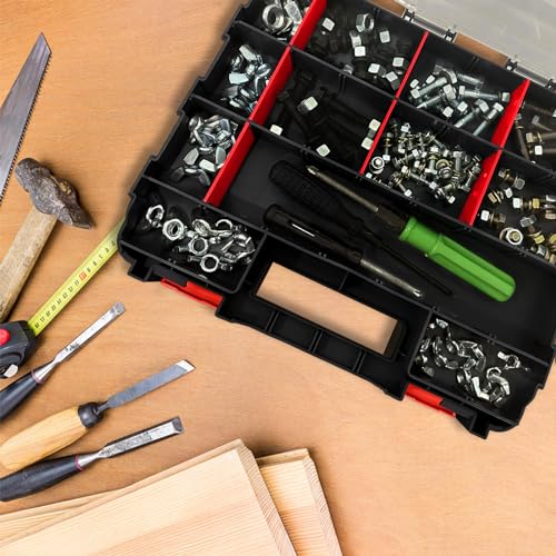 Double Side Tool Box Organizer, Hardware Storage Box, Portable Small Parts Organizer with Removable Plastic Dividers for Screws, Nuts, Nails, Bolts (Red)