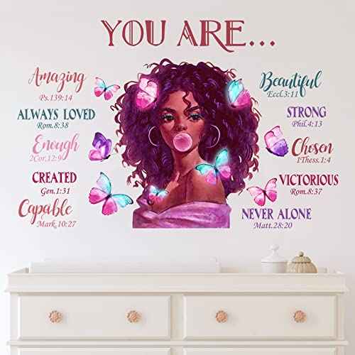 Mfault Black Girl Magic You are Beautiful Wall Decals Stickers, African American Nursery Decor Positive Saying Religious Bedroom Art, Inspirational Afro Butterfly Kids Teens Room Home Decorations