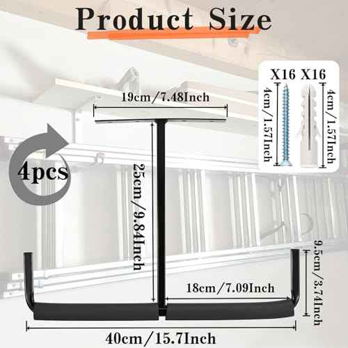 15.7 Inch Heavy Duty Ceiling Storage Racks, Overhead Garage Storage Hook, Utility Hooks for Bike Pipe Ladder Wood and Tool (Black, 4pcs)