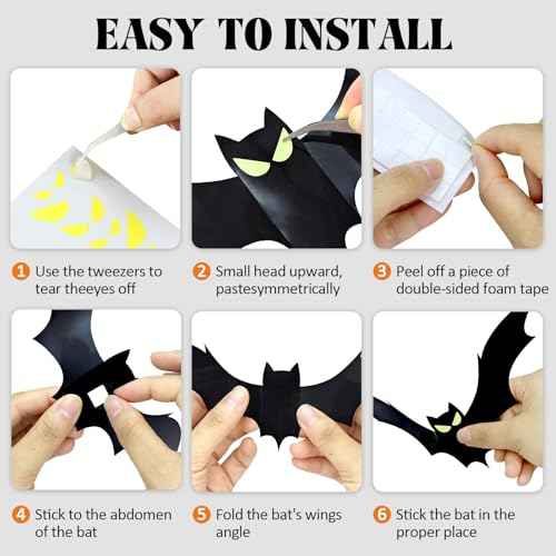 132 Pcs Halloween Bats Wall Decor With Glow in The Dark Eyes - Large 3D Bat Stickers and Decals for Indoor Party Decorations - PVC Black Bats