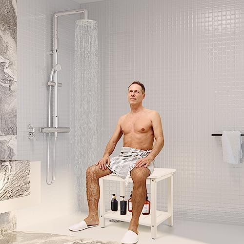 HDPE Shower Bench, Shower Stool with Storage Shelf 2-Tier Spa Stool for Inside Shower,Water Resistant & Non-Slip Design Shower Seat (White L Size)