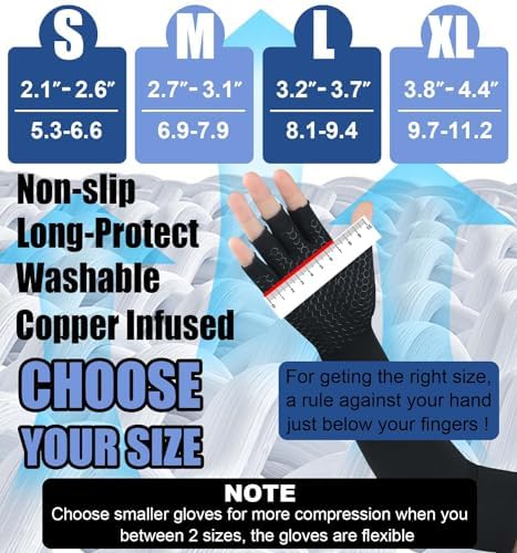 Long Copper Arthritis Gloves for Carpal Tunnel, Compression Gloves for Hand Pain Relief, Wrist Arm Support, Fingerless Typing Gloves for Rheumatoid, Tendonitis, Fits Women Men, 1 Pair, Small