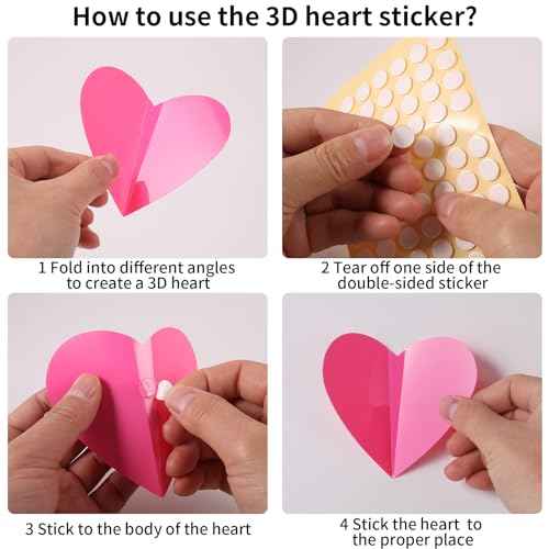 60 Pcs Valentines-Day-Wall-Decorations, 3D Heart Valentine Wall Stickers, Waterproof Wall Decals, for Wedding Anniversary Party Bedroom Home Office School Decor, 4 Different Sizes Pink