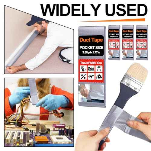 4 Pack 1.77 in x 10 ft Travel Duct Tape Mini Pocket Size Flat Roll Flexible Heavy Duty Waterproof Tear by Hand for Repair Outdoor Emergency Gear EDC DIY Craft Camping Hiking (Silver)