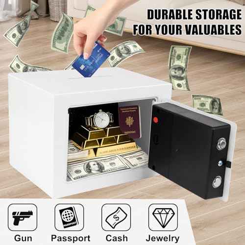 Mini Electronic Safe Box with Digital Keypad & Keys, Small Safe Deposit Boxes with Coin Slot, Safety Boxes for Home Office Dorm, Drop-resistant & Durable, For Cash, Jewelry (White)