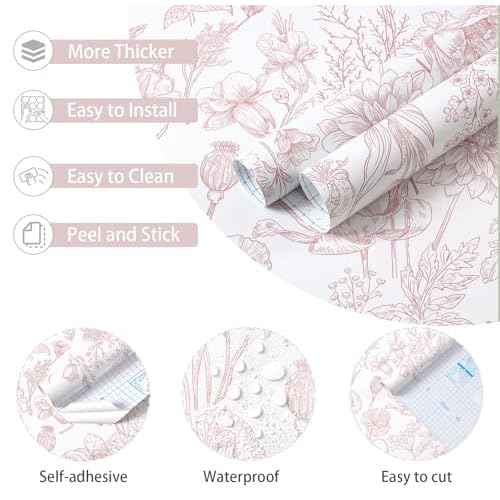 Peel and Stick Wallpaper Pink Floral Wall Paper Pink and White Contact Paper Removable Waterproof Flowers Wallpaper for Bedroom Bathroom Cabinets Vinyl 17.3" x 78.7"