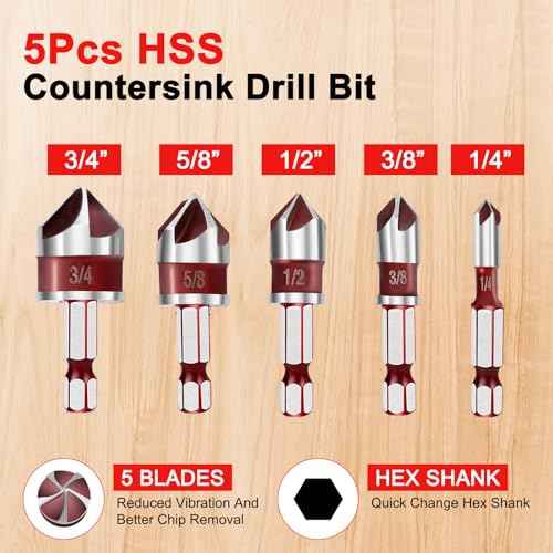5Pcs Countersink Drill Bit Set, 82 Degree 5-Flute Industrial-Grade HSS, 1/4" Hex Shank, Sizes 1/4"-3/4" for Wood, Plastic, Fiberboard & Soft Metals, with Moisture-Resistant Aluminum Storage Case
