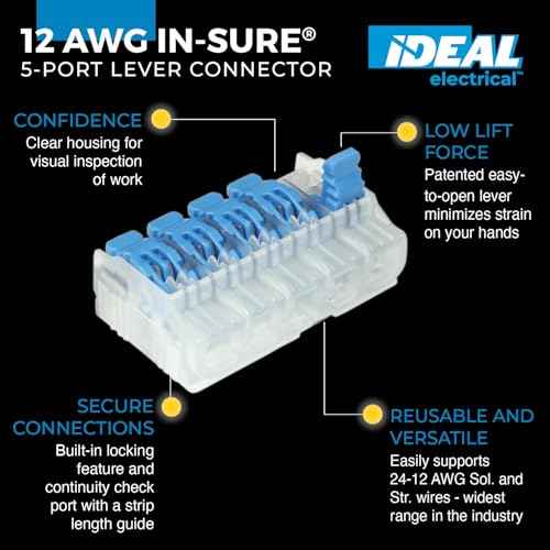 Ideal Electrical in-Sure Lever Wire Connector,12 AWG, 5-Port (30-01L25), Bag of 10?Compact Releasable Connectors for Solid and Stranded Wire