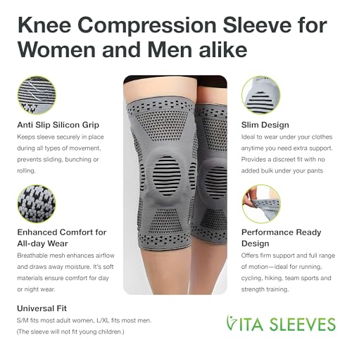 Vita Sleeves For Knees 7-Zone Compression Sleeve Brace | Breathable Lightweight Support for Sore or Stiff Knees in Running, Sports, Workouts | Anti-Slip Grip, Moisture-Wicking (S/M-L/XL) (Small/Medium)