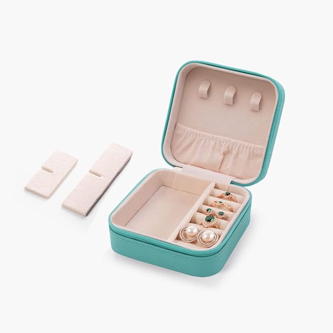 Travel Jewelry Case, Mini Portable Jewelry Travel Boxes, Small Jewelry Organizer for Rings, Earrings, Pendants, Watches, Necklaces, Lipsticks Organizer Storage Holder Case (Cyan Blue)