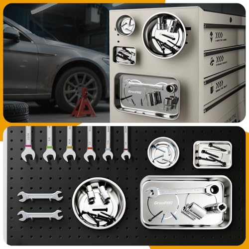 Magnetic Tray 4-Pack | Stainless Steel Magnetic Parts Trays | 3 Inch, 6 Inch, Square & Shallow Tray Set